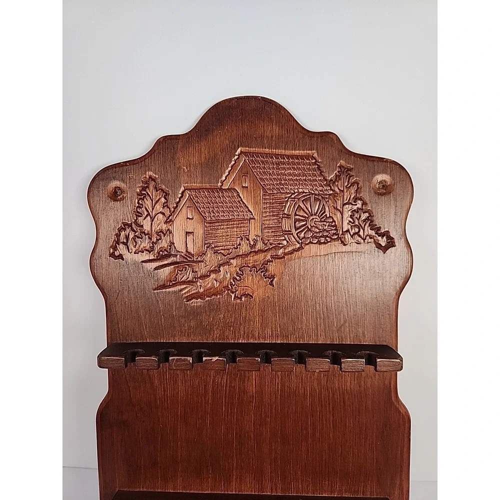 Vintage Carved Wood Water Mill Souvenir Spoon Rack Wall Display Holds 16